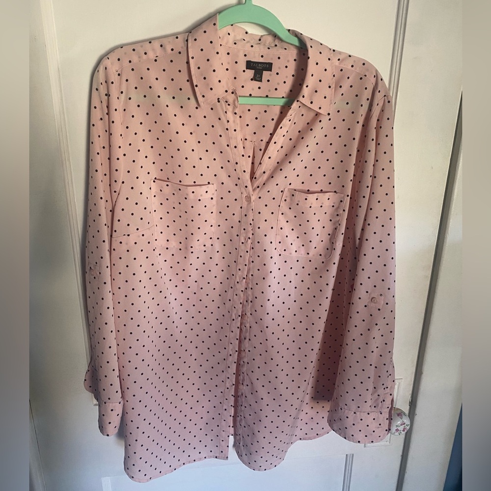 Sz 2x Talbots Pink and Black Polka Dot Button Down